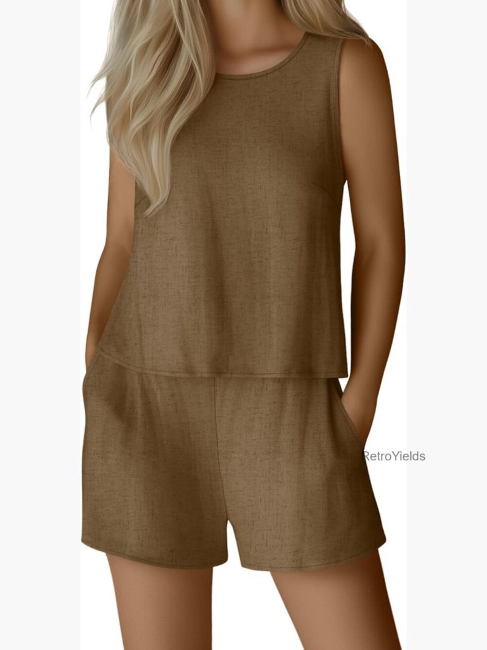 2 Piece Linen Short Set Sleeveless Tank High Waisted Shorts with Pockets